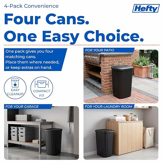 Hefty 13.3 Gallon Trash Can with Lid, Plastic Garbage Can Touch Button, Kitchen Waste Basket for Home Office, Large Capacity Trash Bin, 4 Pack, Black