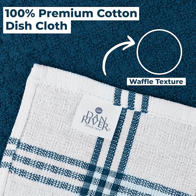 DAN RIVER Premium Dish Cloth 100% Cotton 12X12 Inches Pack of 8-Blue Opal | Terry Kitchen Towels Ultra Soft Tea Towels-Highly Absorbent Kitchen Rags-Terry Dishcloth for Kitchen and Household Cleaning