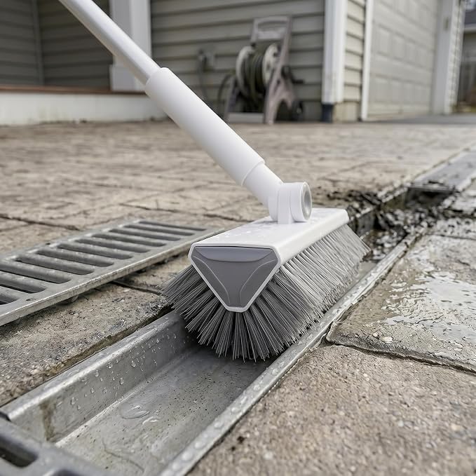 V-Shaped Floor Scrub Brush with Long Handle, Heavy-Duty Stiff Bristle Grout Cleaning Brush, 180° Rotating Tile Scrubber for Bathroom, Shower, Kitchen, Garage, Patio, Deck & Concrete Floors