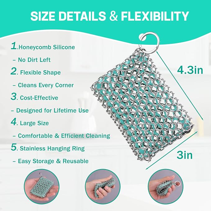HAUSHOF Cast Iron Scrubber, Chainmail Scrubber Cast Iron Cleaner | Multi-Purpose Cleaning;Easy to Clean;Soft Silicone Liner;Protects Cast Iron Seasoning