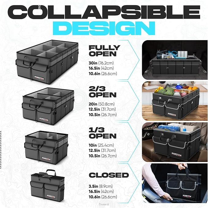 FORTEM Trunk Organizer - Foldable Car Organizer with Cooler for SUV, Trucks | Car Accessories for Men Women, Collapsible Bag, Non Slip Bottom, Straps, Soft Cover, 600D Oxford, Grey, 6 Compartments, 105L