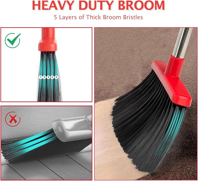 2-Pack Broom and Dustpan Combo Set,51" Long Handle,Black Red | Standing Dustpan, Heavy Dust,House Accessories for Home, Kitchen, Office, Pet Hair