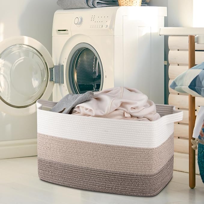 OIAHOMY Extra Large Blanket Basket, 110L Cotton Rope Woven Laundry Basket, Toy Bin for Baby Room, Container for Blanket Storage in Living Room, 24.8''×17.3''×15.8'', Gradient Brown