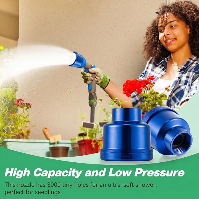 Dreyoo 1 Pack Water Nozzle with 3000 Tiny Holes, 3/4'' Aluminium Alloy Garden Hose Shower Head with PTFE Thread Seal Tape for Outdoor Watering Flowers, Plants, Greenhouse, Nurseryman (2.36'',Blue)