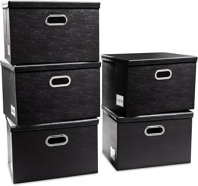 Foldable Storage Bins with Lids [5-Pack] Leather Fabric Collapsible Storage Boxes Organizer Containers Baskets Cube with Cover for Bedroom Closet Office Nursery Black (14.9x10.8x10)