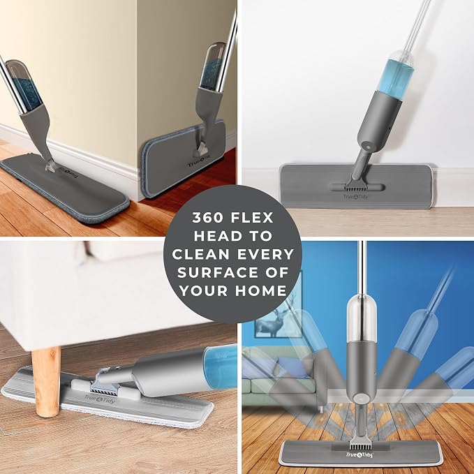 True & Tidy Spray Mop for Floors -Refillable Bottle, Machine Washable Pads