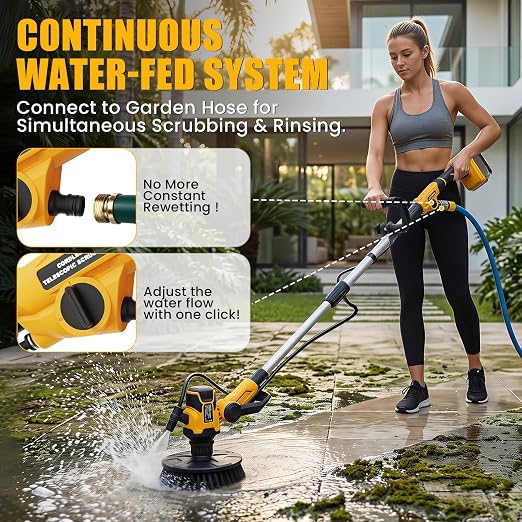 Cordless Electric Power Scrubber Compatible with DeWalt 20V Max Battery | (Tool Only)Water Fed Telescopic Cleaning Brush with Brushless Motor, IPX7 Waterproof 8-Angle Head, 45-59" Pole for Patio/Deck