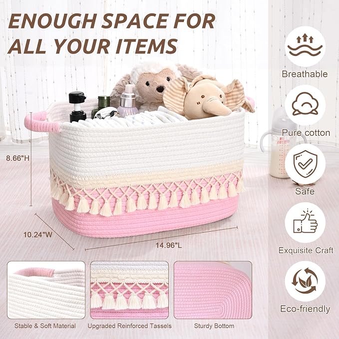 3 Pack Storage Basket for Shelves, Boho Cotton Rope Storage Bins with Heavy Tassel, Shelf Baskets Large Woven Baskets for Organizing, Cube Organizer Bins, Baby Laundry Basket for Clothes, Toys, Pets