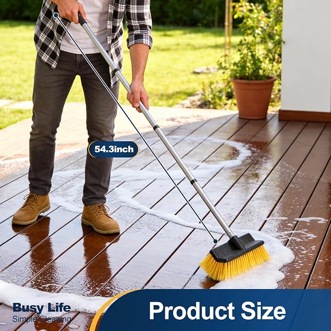 Yocada Deck Brush with 4-Section Extendable Handle Floor Scrub Brush | Soft &Medium Bristles Non-Slip Grip for Outdoor Deck Patio Bathroom Garage Concrete Cleaning 54.3 Inch