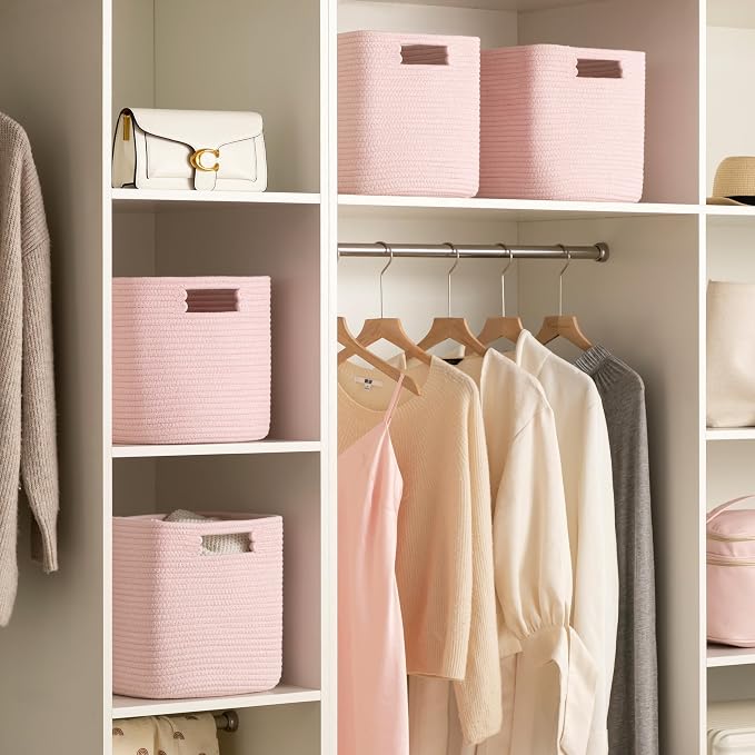 Dreamcountry 13x13 Cube Storage Bins, Storage Cubes with Handles, 4 Pack Cotton Rope Basket for Shelves, Cube Storage Organizer forToys, Book, Clothes, Home, Office, Nursery, Pink