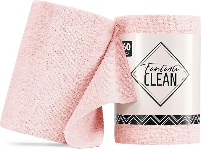 Fantasticlean Microfiber Cleaning Cloth Roll, Pink, 60 Pack, 8" x 8" | Tear Away Microfiber Towel Roll, Reusable Paper Towels, Rags for Kitchen, Pet, Dust, Car, Office, Cleaning Supplies, Portable
