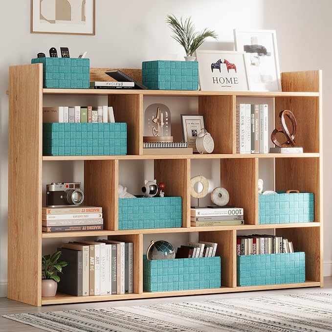 Storage Baskets: 6 Pack Stackable Woven Storage Bins, Aqua | Decorative Woven Baskets for Organizing with Built-In Handles for Shelves, Closets, Cabinets and Cubbies, Gift Small Basket