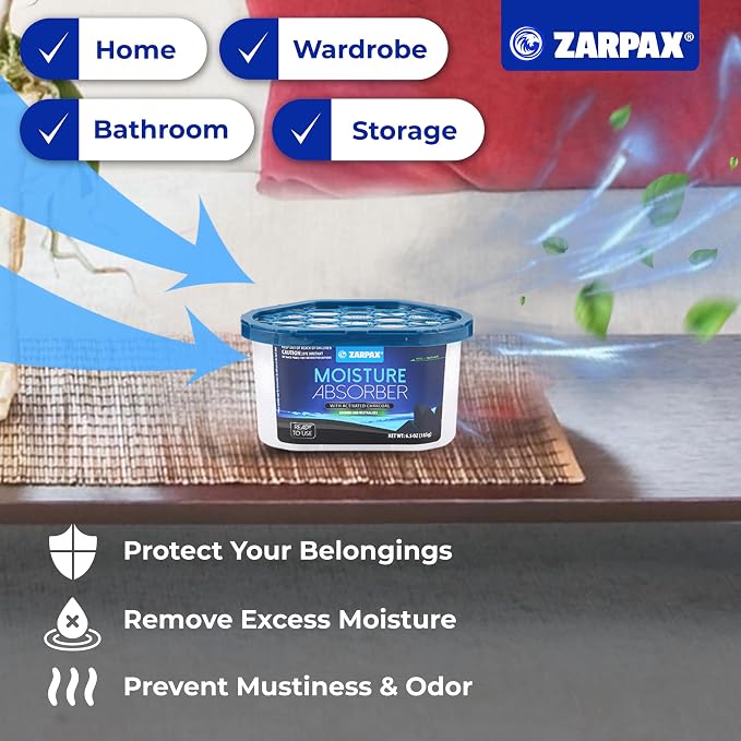 ZARPAX Moisture Absorber Activated Charcoal 6.5 oz/185g | Removes Moisture, Damp, Humidity & Odors | Odor Absorber | Moisture Trap for Bathroom, Closet, Kitchen & Small Spaces | Set of 6