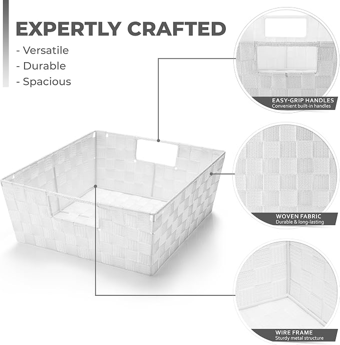 Sorbus Baskets for Organizing, Woven Storage Set (Set of 3, White) | Carry handles, mesh construction and metal frame support fabric bins for linen closets, shelves and home decor.
