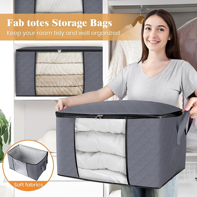 Fab totes 10 Pack Storage Bags for Clothes Blanket Storage Bins with Lids | Foldable Closet Organizers with Zippers,Window and Handles,Fabric Storage Bins for Sweater,Comforter,Bedding,Dorm essentials
