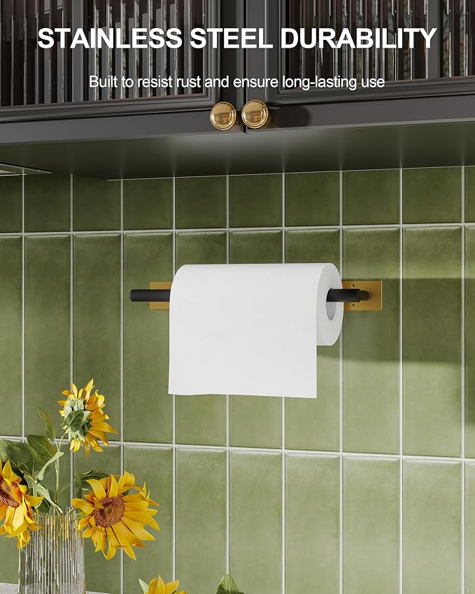 Paper Towel Holder Under Cabinet Self Adhesive Black & Gold | 304 Stainless Steel Post Pivoting Design Wall Mounted & No Drilling for Kitchen Waterproof & Rustproof, Square Base