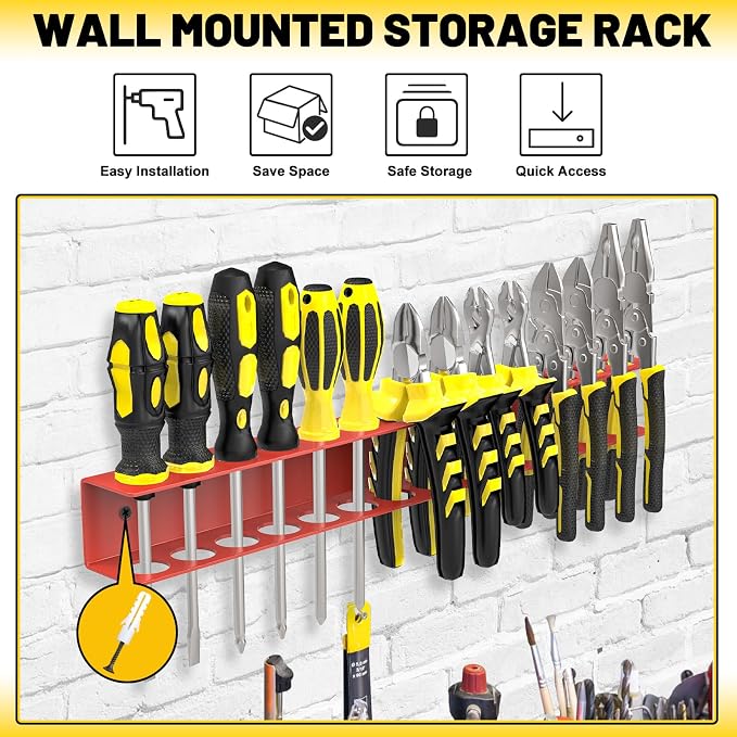 Screwdriver Plier Organizer Wall Mount,16" Screwdriver Holder,Red | 14 Holes Plier Holder,Heavy Duty Metal,Easy Install,Screw Organizer for Garage,Workshop,Workbench,Tool Chest,Space Saving