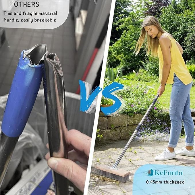 Heavy Duty Stainless Steel Deck Brush with Long Handle, Concrete Floor Scrubber Moss Remover Wire Broom for Patio, Deck, Garage, Outdoor Cleaning (30cm / 11.8in)
