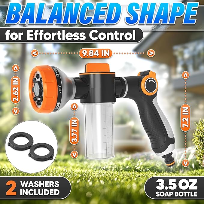 Car Wash Sprayer and Nozzle with Soap Dispenser, 3.5 oz Foam Tank (Orange) | Hose Attachment for Car, Truck, and Dog Washing, Foam Control Dial, 8 Spray Patterns, Fits 3/4 In Hose, ABS Body, 2 O-Rings