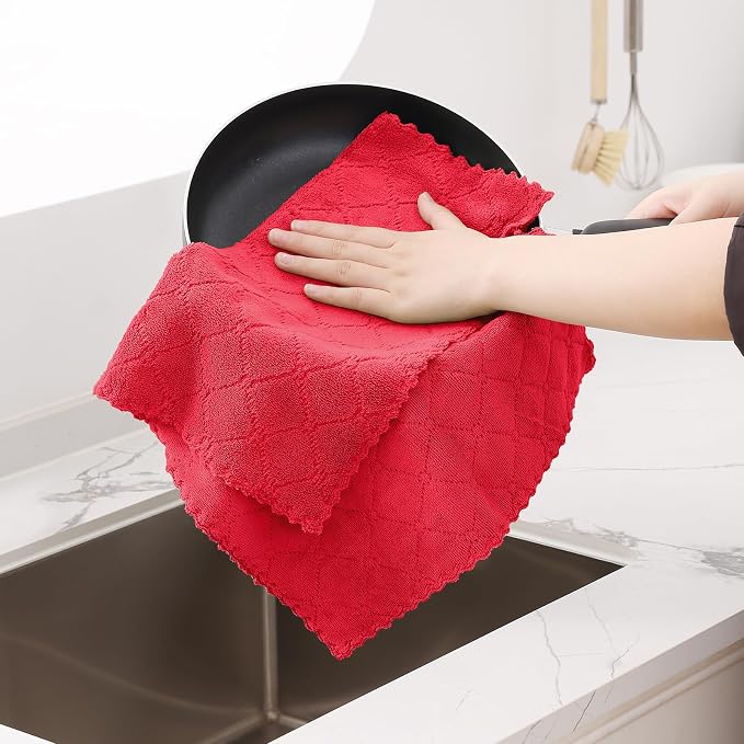 Homaxy 12 Pack Super Soft Absorbent Dish Cloths, 13" x 19", Red | Coral Velvet, Nonstick Oil Fast Drying Microfiber Cleaning Cloth, No Lint Dishcloths for washing and drying
