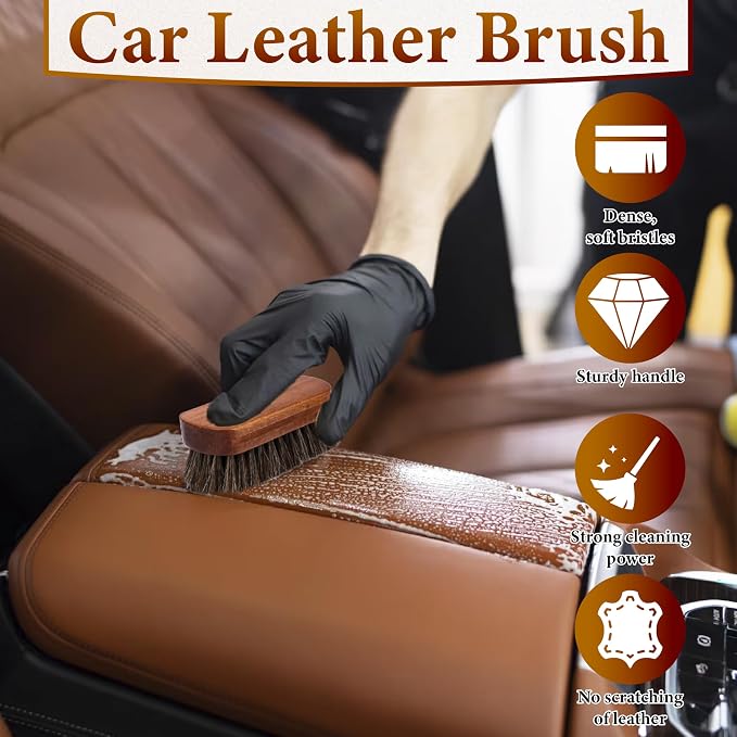 2 PCS Leather Brush Car Detailing, Horse Hair Brush, Car Cleaning Supplies | Car Interior Brush, Carpet Brush for Car Detailing, for Car Accessories Interior, Carpet, Upholstery, Furniture and Shoes