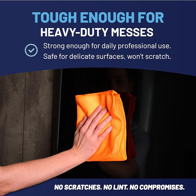 MW PRO Microfiber Cleaning Cloths Orange (12 Pack, 12x12) - Commercial Janitorial Towels & Lint Free Rags - Heavy Duty for Auto Detailing, Glass Windows, Housekeeping & Screens - Washable 300+ Times