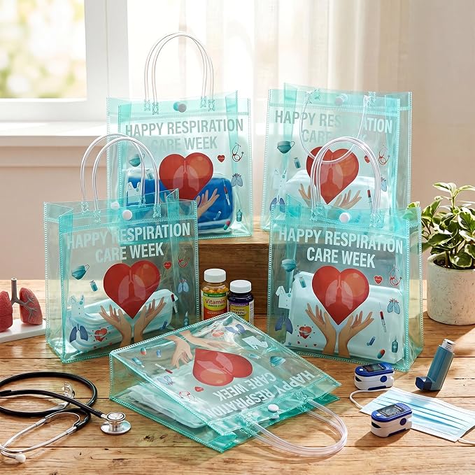 FunooFuno 20 Pcs Respiratory Care Week Appreciation Gift Bags with Handles Respiratory Therapist Clear PVC Bags RT Appreciation Reusable Plastic Gifts for Social Worker Volunteer Doctor Nurse Coworker