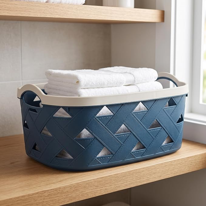 Large Plastic Storage Basket with Handles – Blue & Cream Decorative Bin for Bathroom, Kitchen, or Living Room – Designer Leather Pattern Organizer Basket, 10.6L