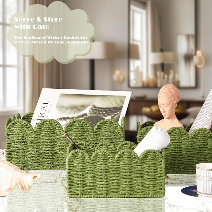 Scalloped Wicker Basket Set of 3, Hand-Woven Storage with Handles | set of 3 green scalloped baskets with handles. Hand-woven paper rope for shelves, bathroom or closet. Stackable, sturdy.