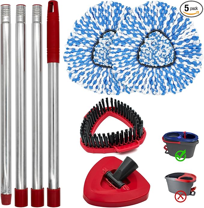 Mop Replacement for O-Cedar RinseClean 2-Tank, Mop Handle for Ocedar Mop | Includes 2 Mop Heads Replacements 4-Section Mop Handle 1 Mop Base 1 Scrubber Mop Head, Reusable and Washable,Wet/Dry Use