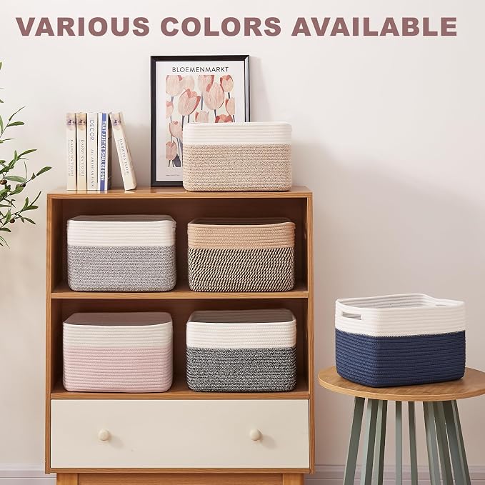 OIAHOMY 4 Pack Storage Basket, 13"x9"x7.8" Cotton Rope Baskets for Shelves, Closet Organizer for Bedroom & Living Room, Soft Decorative Bins for Organizing Towels, Books & Toys, Deep Brown & White