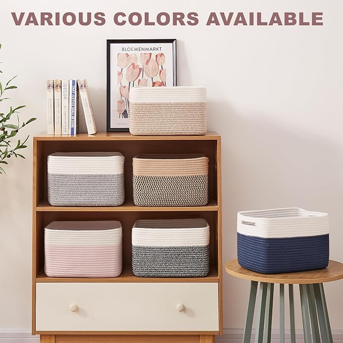 OIAHOMY 4 Pack Storage Basket, 13"x9"x7.8" Cotton Rope Baskets for Shelves, Closet Organizer for Bedroom & Living Room, Soft Decorative Bins for Organizing Towels, Books & Toys, Brown & White