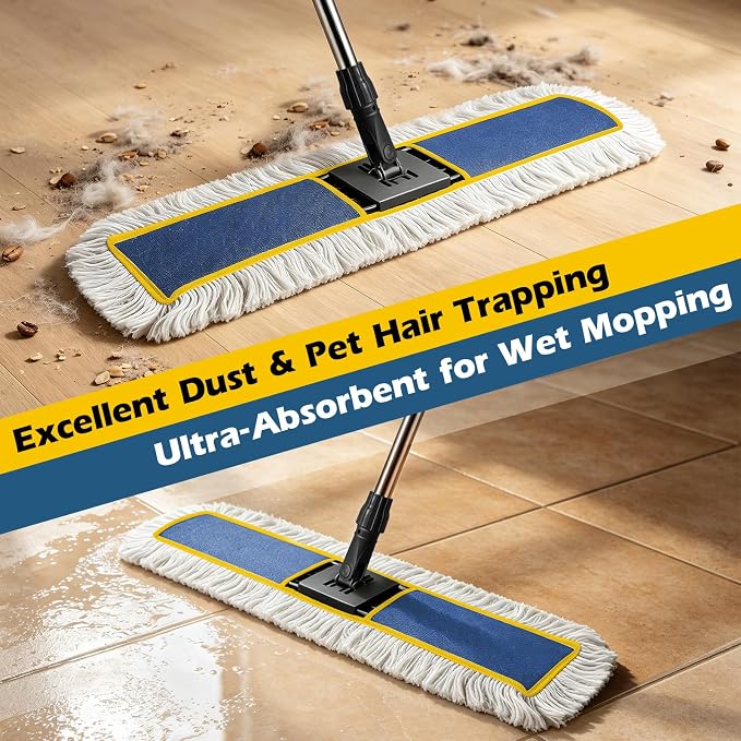 40" Commercial Dust Mop for Floor Cleaning, Heavy Duty Industrial Mop | Large Flat Mop with 64" Long Handle, Push Mop with 2 Mops Pads, for Hardwood, Tile, Gym, Office, Mall, Warehouse