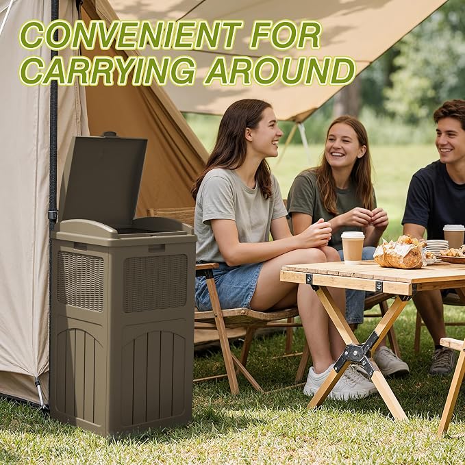 Greesum 33 Gallon Resin Outdoor Trash Can with Lid, Waterproof, Brown | Resin Garbage Bin,UV-resistant for Hideaway, Patio, Deck, Light