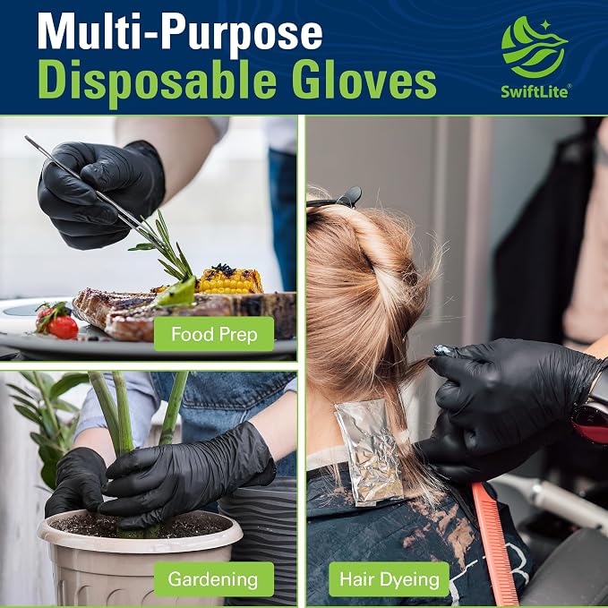 Black Nitrile Gloves Disposable Latex Free, Food Safe | Rubber Gloves Powder Free for Cooking, Food Prep, Kitchen Cleaning