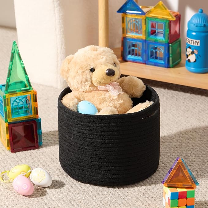 MiniArk Small Basket for Organizing | Cube Shelf Closet Storage Baskets | 9.7×9.7×7.1” | Woven Rope Gift Basket | Nursery | Round 3 Packs Black