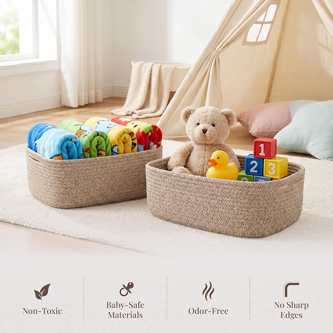 Storage Baskets for Shelves, 4 Pack, 2 Sizes Organizer Bins | Woven Cotton Rope Baskets, 2 Large + 2 Small Shallow Storage Bins for Nursery, Closet, Toys, Bathroom & Changing Table