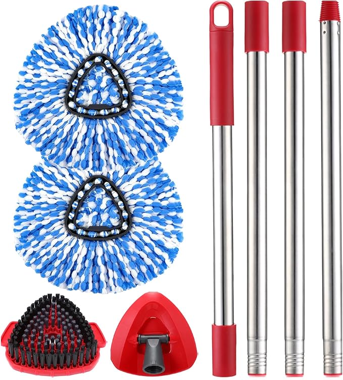 RinseClean Spin Mop Replacement Head Spin Mop Refills for O-Cedar RinseClean Microfiber Spin Mops 2-Tank System, 2 Microfiber Mop Refills, 1 Triangle Head Cover, 1 Scrubber Head and Handle for Ocedar