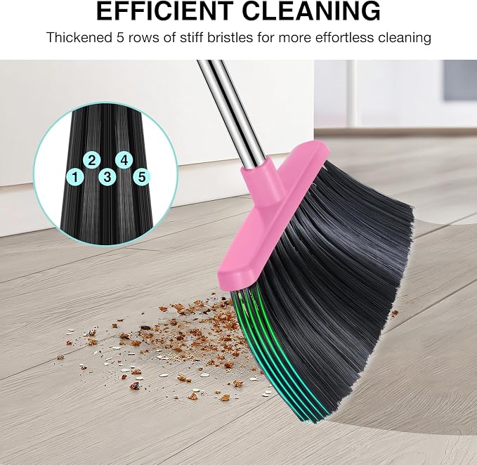 Broom and Dustpan Set, 52-in Long Adjustable Handle Broom Dustpan Combo with Dust pan Teeth to Automatically Clean Hair Suitable for Home Kitchen Office Hall Floor (Pink&Blue), 2 Pack