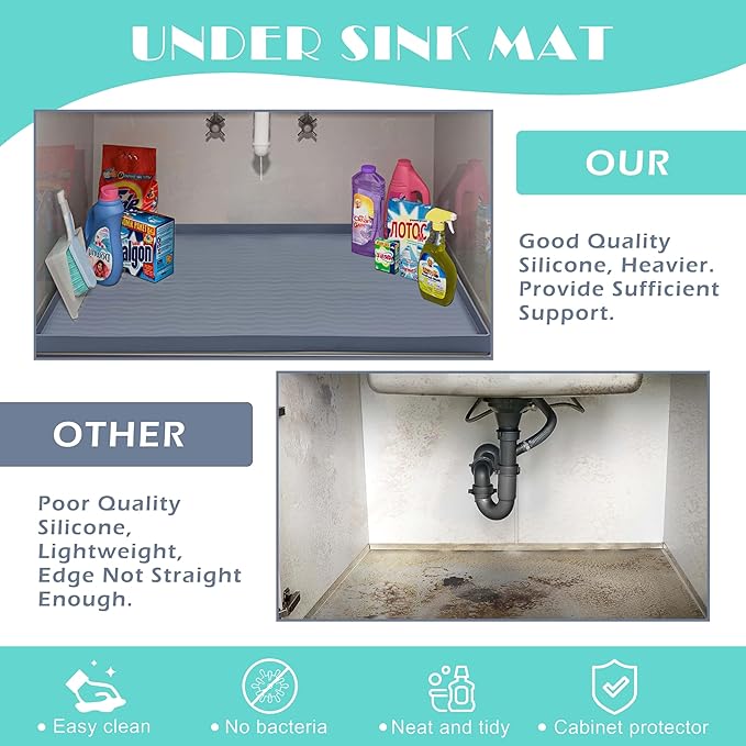URMONA Waterproof Silicone Under Sink Mat 40'' x 22'' Shelf Liner for Kitchen and Bathroom, Cabinet and Counter Protector, Storage and Organizers, Litter Mat, Pet Cat Puppy Essentials(Khaki)