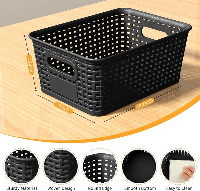8 Pack Plastic Storage Baskets,Black Stackable Storage Bins | 5.3qt Storage Containers with Labels for Organizing Shelves Drawers Desktop Closet Playroom Classroom Office