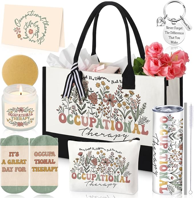 Patelai 7 Pcs Occupational Therapy Gifts for Women Ot Gifts therapist Bag | with 20 oz Cup Tumbler Canvas Tote Bag Makeup Bag Occupational Therapist Ot Month Birthday Speech Appreciation Gift Set