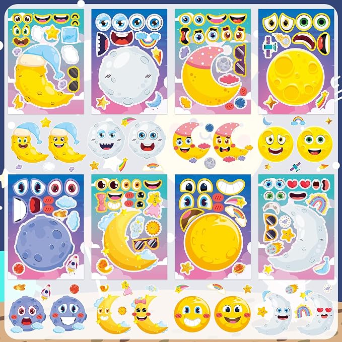 24 Sheets Moon Make a Face Sticker, Moon Mix and Match Stickers DIY Crafts for Home School Classroom Activity Reward Party Favors