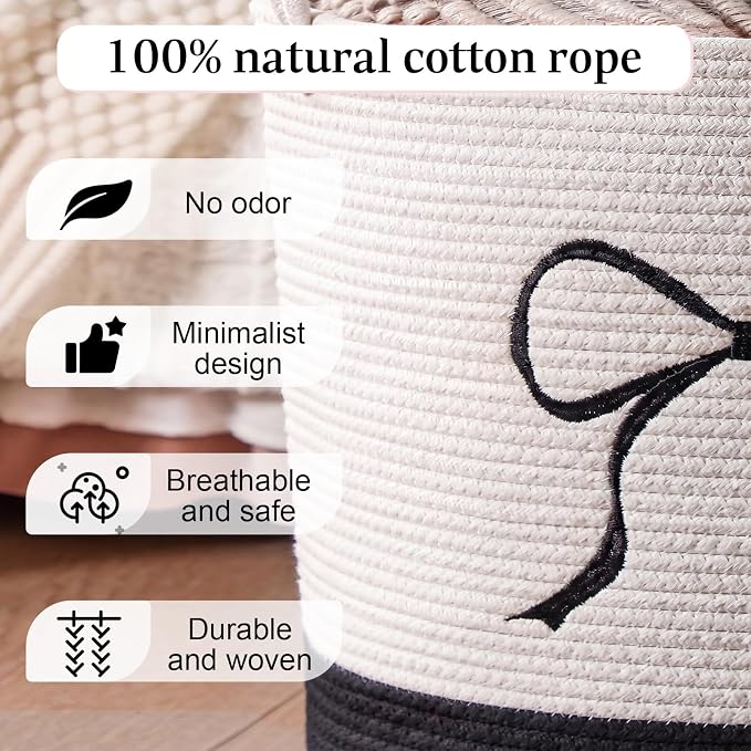 Honeydak Large Blanket Basket Black Bow Laundry Hamper 60l Cotton Rope Storage Bin for Blankets Toys Clothes 13 x 20 Inches Baby Nursery Room Playroom Storage Organization Teens Girls Dorm