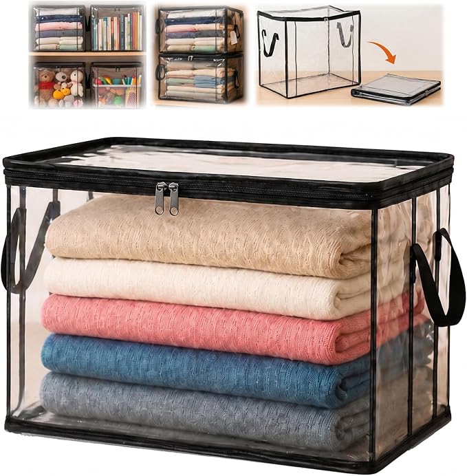 Extra Large Clear Pvc Storage Bags with Zipper Handles Heavy Duty Thick Plastic Clear Storage Bins for Clothes Blankets Toys Moving Foldable Closet Organizer Storage Containers (1, Black, S)