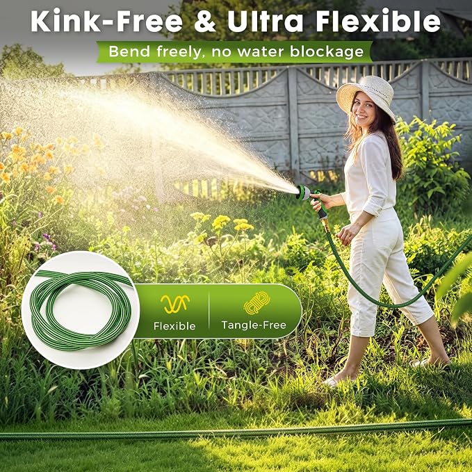 Garden Hose 25FT, Lightweight Flexible Water Hose | Solid Brass Fittings,10 Function nozzle, Wear Resistant, Non-Expandable, Yard, Lawn, Car Washing