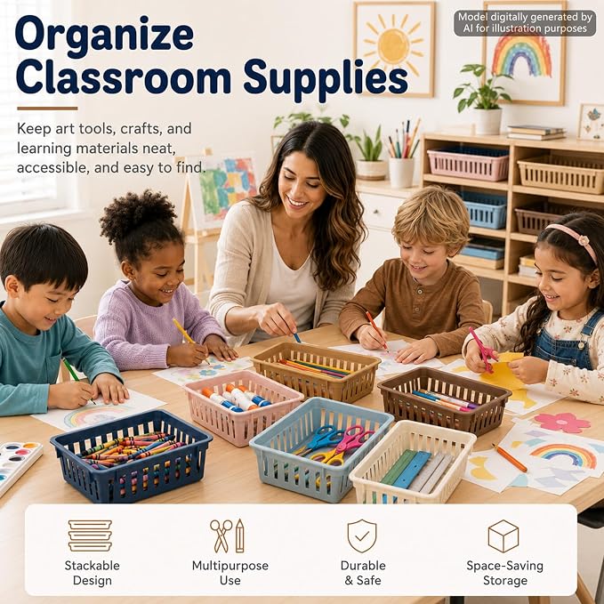 gisgfim 12 Pack Classroom Small Plastic Baskets for Organizing Mini Pencil Crayon Storage Bins Classroom Container Boxes for School Teacher Supplies Home Office Desk 6.1" L X 4.7" W X 2.4" H (Retro)