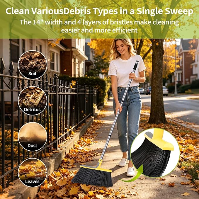 58" Heavy-Duty Commercial Broom, Outdoor Floor Cleaning Broom | Heavy-duty bristles, 58-inch handle, garage, patio, courtyard, commercial sweeping, leaves debris removal, durable