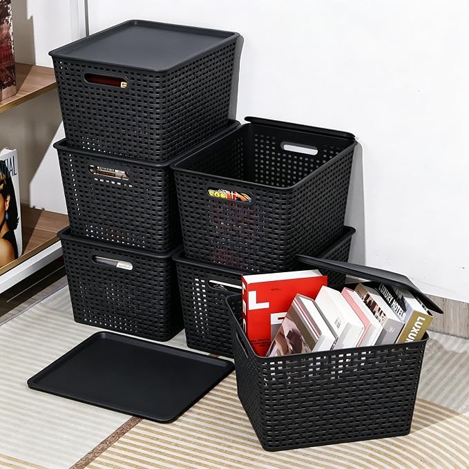 6 Pack Large Plastic Storage Baskets Bins with Lid, Black | Stackable Storage Basket Organizer Bins with Lids for Organizing Shelves Pantry Closet, 14"x 11.65"x 8.66"