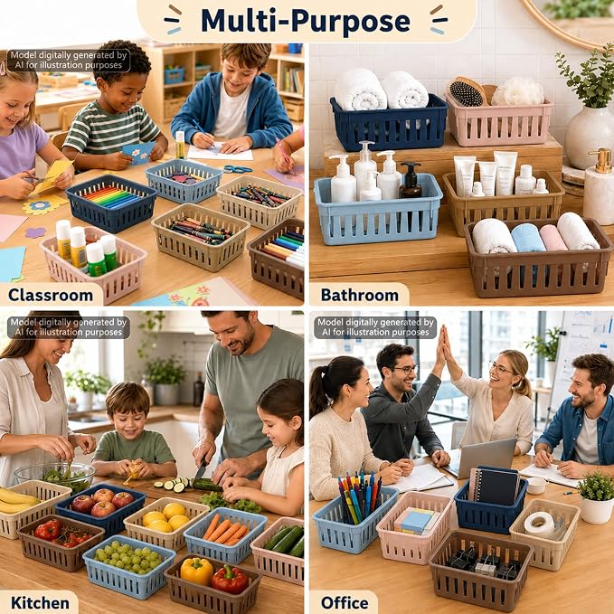 gisgfim 12 Pack Classroom Small Plastic Baskets for Organizing Mini Pencil Crayon Storage Bins Classroom Container Boxes for School Teacher Supplies Home Office Desk 6.1" L X 4.7" W X 2.4" H (Retro)